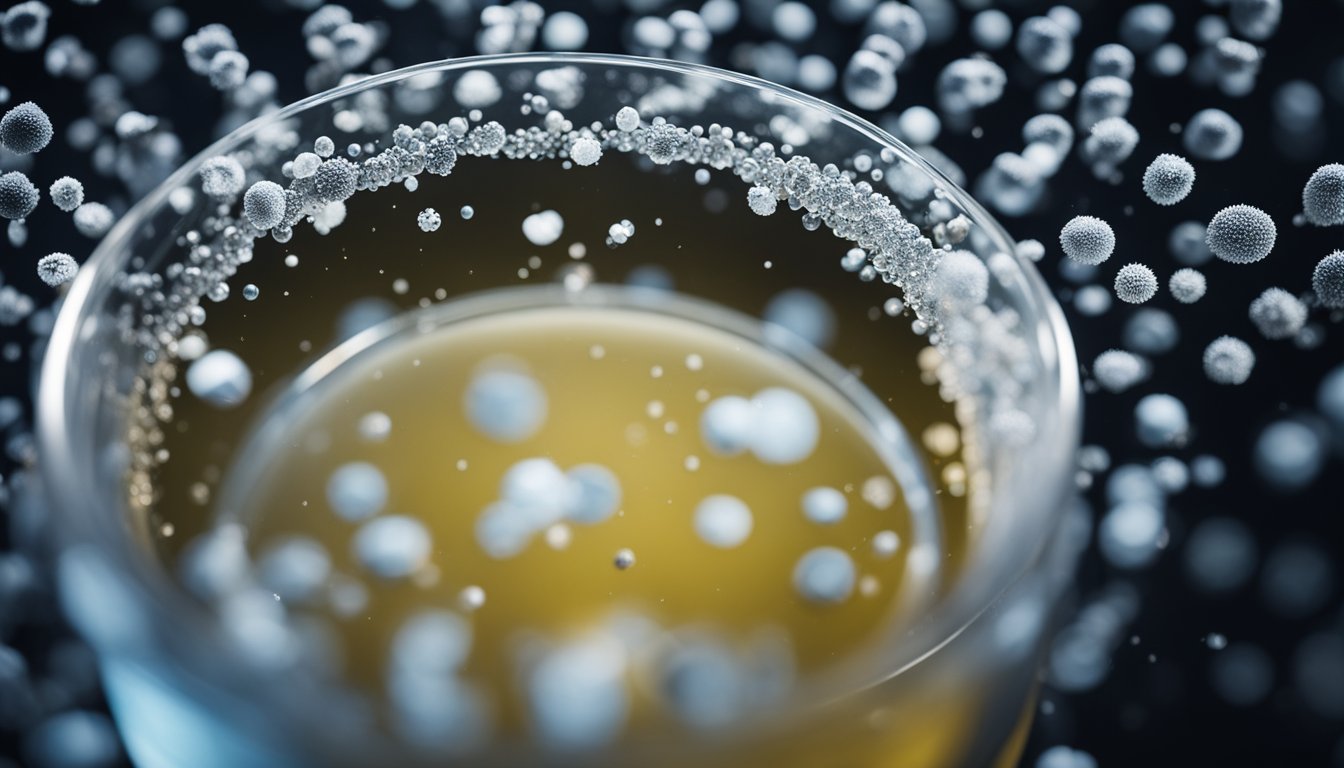 A cylindrical tank filled with layers of granulated activated carbon, water flowing through, particles being trapped, and clean water exiting