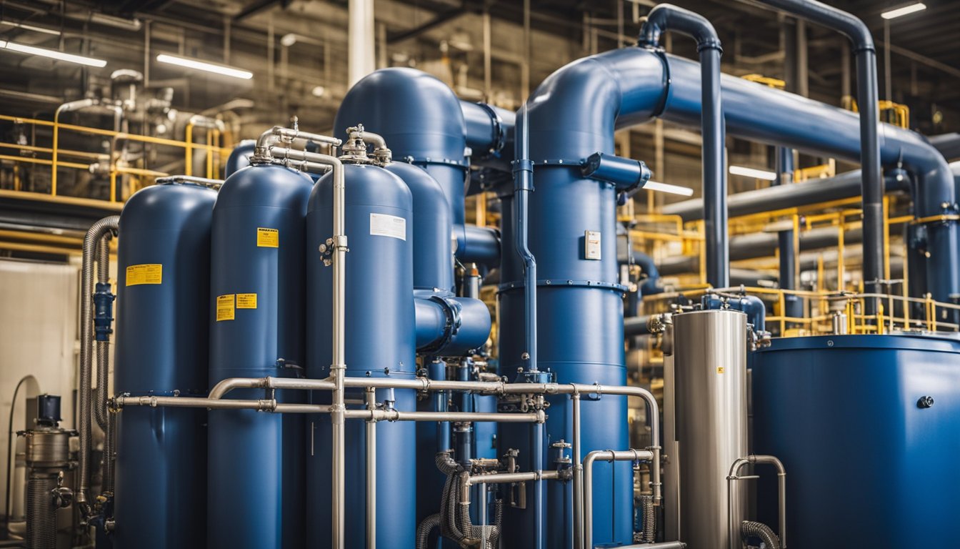 Granulated activated carbon filters in use: industrial pipes, water treatment plants, air purification systems, and chemical processing facilities