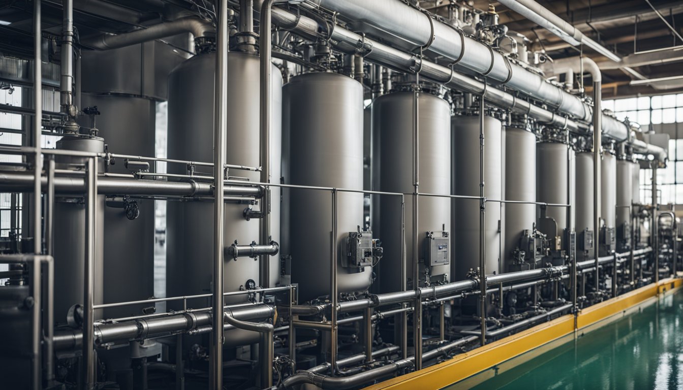 Granulated activated carbon filters in a water treatment plant, removing impurities from the water. The filters are positioned in a large industrial setting, with pipes and valves connecting them to the rest of the system