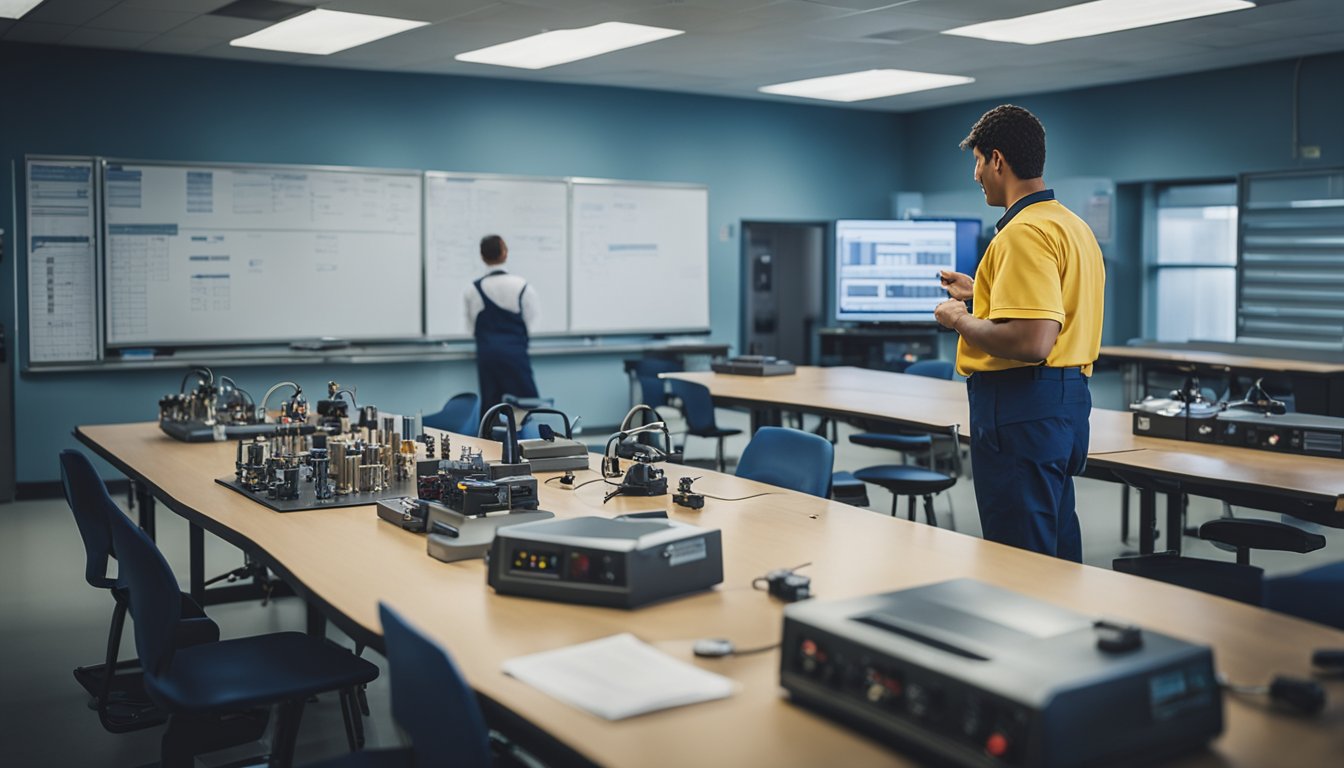 A person in a classroom, learning about refrigeration systems from an instructor. Tools and equipment are scattered around the room