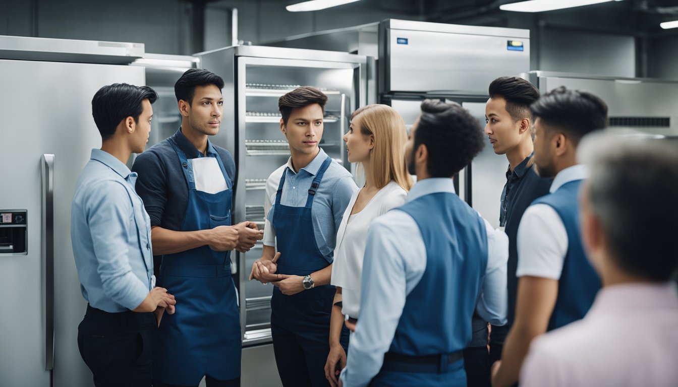 A group of people gathered around a refrigeration unit, listening to a trainer and asking questions