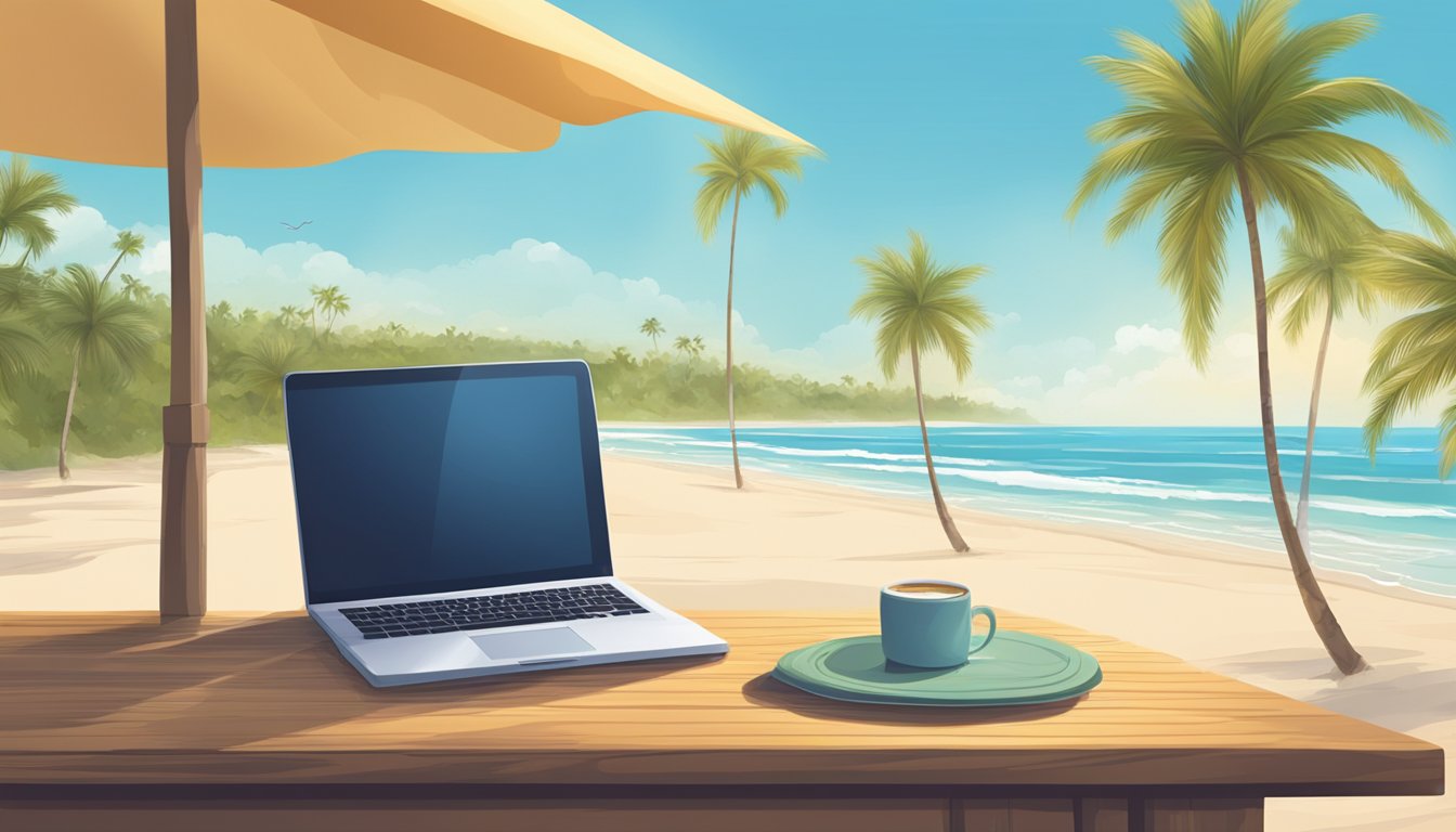 A sunny beach scene in Florida with a laptop on a table, palm trees swaying in the breeze, and a clear blue sky