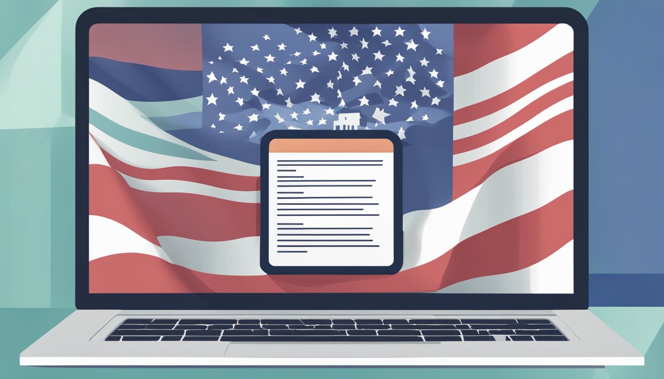 A laptop displaying "Frequently Asked Questions america first web designer florida" with a stylized American flag in the background