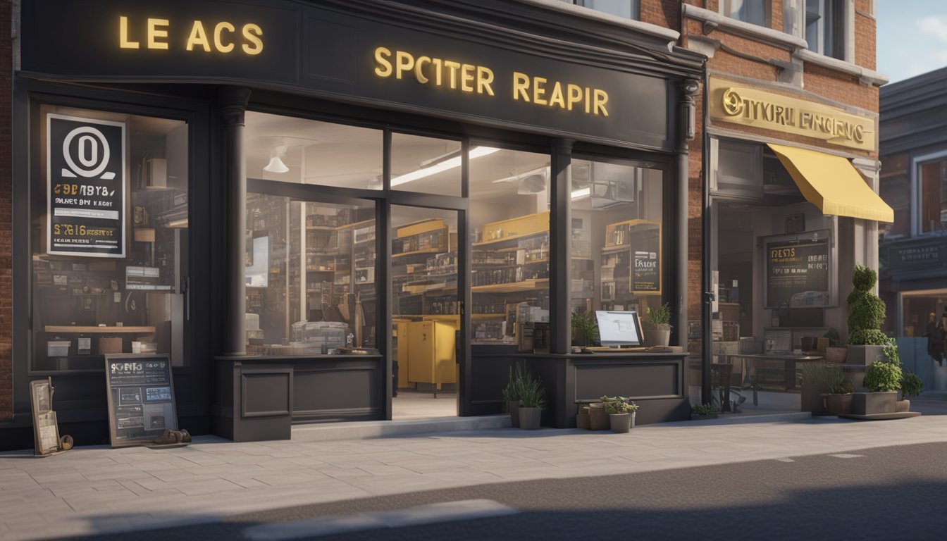 A computer repair shop's storefront with a prominent sign, surrounded by local landmarks and businesses, with a steady stream of customers entering and leaving